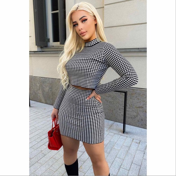 💥 NEW | Houndstooth Long Sleeve with Mini Skirt Matching Set - Picture 10 of 16